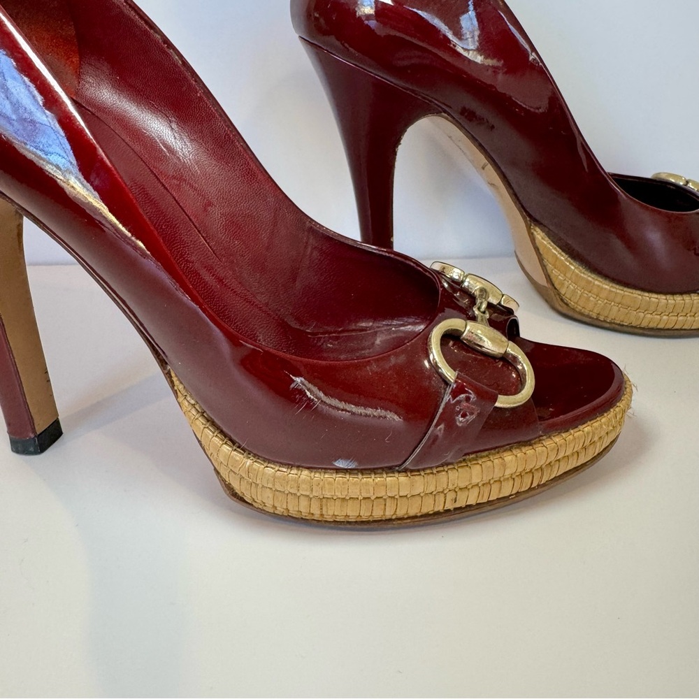 Gucci Burgundy Patent Leather Sandal W Bamboo Platform & Horsebit Accent Sz 8.5 - Picture 7 of 15